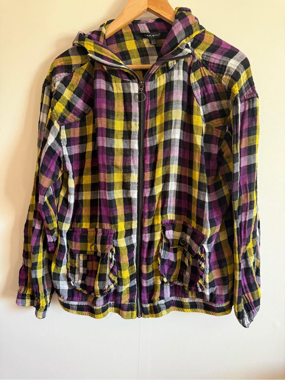 Cupio Plaid Hooded Jacket Lightweight Cotton Utility Fall Layer XL